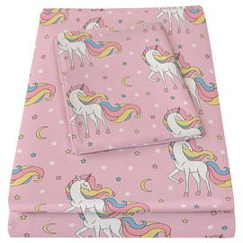 Bedmoon Girls Twin Sheets, Kids Pink Unicorn Moon Star Bed Sheet Set with Non-Slip Fitted Sheet, Girls Soft Microfiber Twin Sheets & Pillowcases
