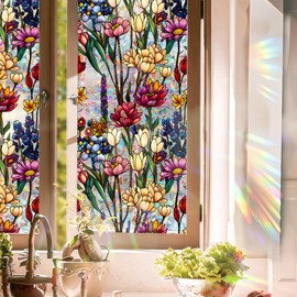 Aomkmi Stained Glass Window Film UV Resistant Window Privacy Film Colorful Flowers Privacy Rainbow Decals Living Room Bedroom Sun Blocking Decor Removable Static Cling Stickers 17 x 78.74 Inch