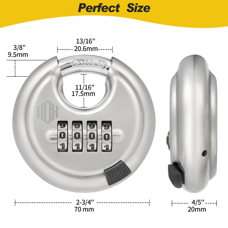 HOX Combination Lock, 4 Digit Disc Padlock with 3/8 Inch