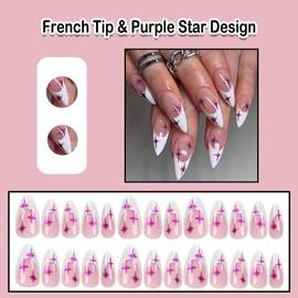 ANDGING French Tip Press on Nails Almond Short Medium White Fake Nails Acrylic Glue on Nails with Purple Star Design Women False Nails with Glue Manicure Gel Stick on Nails for Wedding Birthday KAD98