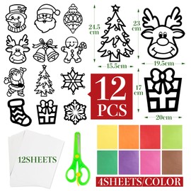 BOOMTOP 12 Christmas Craft Window Stickers Santa Claus Snowflake Reindeer Craft Set Children's Window Stickers Colourful Christmas Decoration Window Sticker Stencils DIY Winter New Year's Eve Gifts