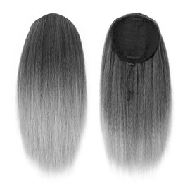 UAmy hair Grey Yaki Straight Drawstring Ponytail for Women 16inch Salt and Pepper Yaki Pony Tail Clip in Hairpiece Shoulder Length Synthetic Kinky Straight Ponytail hair Extension(T1B/Gray)