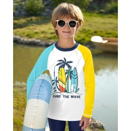 BesserBay Children's UV Shirt Long Sleeves Rash Guard Quick-Drying UV Swimming Shirt for Boys 110-160, Surf The Wave White, 130