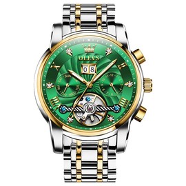 OLEVS Automatic Gold Watches for Men Luxury Classic Stainless Steel Calendar Luminous Waterproof Watches for Men - Color: Two Tone Strap - Green Dial Gold Trim