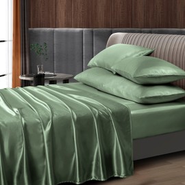 Entisn 4Pcs Silky Satin Sheets Set, Twin Size Satin Bed Sheets Set, Sage Green Luxury Bedding Sets, Breathable & Ultra Soft Sheets Set Includes 1 Fitted Sheet, 1 Flat Sheet, 2 Pillowcases