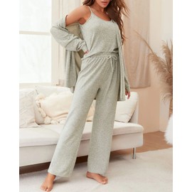 Fessceruna Womens 3 Piece Pajama Set Cami Tank Top Wide Leg Pants and Cardigan Loungewear Lounge Sets Green