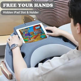 WUDUTOP Lap Desk Pillow Arm Rest Pillow with 2 Side Pockets & Bottle Holders, Memory Foam Reading Pillow for Lap for Reading, Gaming, Working or Sitting in Bed Couch (Main Picture 1)