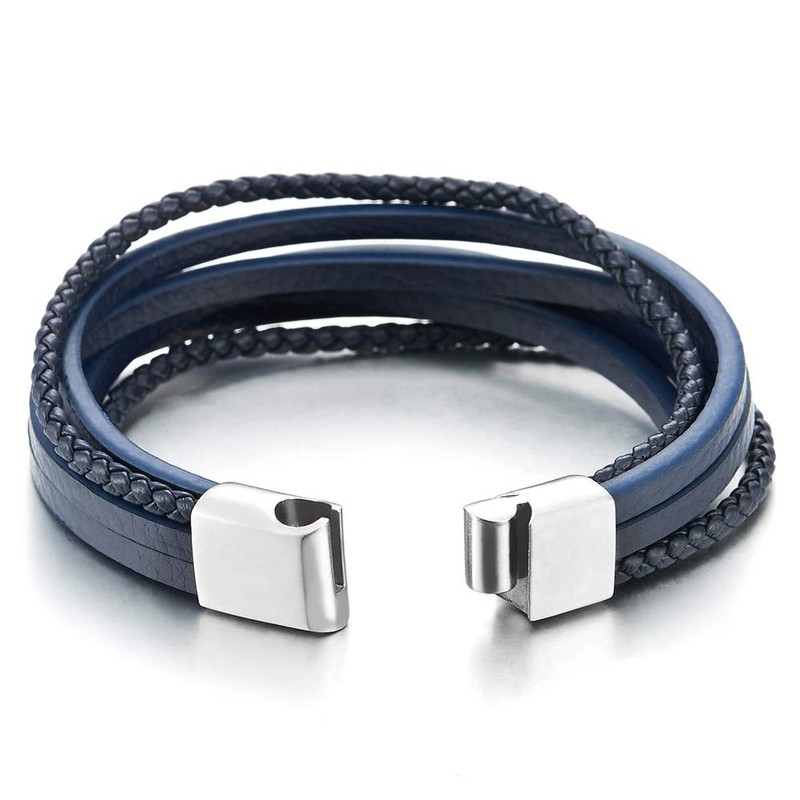 COOLSTEELANDBEYOND Mens Womens Multi-Strand Navy Blue Braided Leather Bracelet Wristband