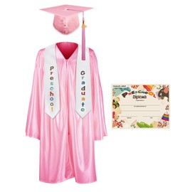 GraduationMall Preschool Graduation Cap Gown Stole Package with 2025 Tassel, Certificate Pink Small 27(3'6"-3'8")