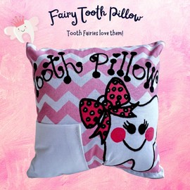 Bunnies and Bows Tooth Fairy Pillow with Tooth Fairy Dust and Poem - Tooth with Bow on Chevron Print (Pink)
