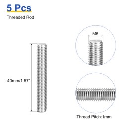 sourcing map 5Pcs M6 x 40mm Fully Threaded Rod 304 Stainless Steel Right Hand Threads Bar Studs for Anchors Bolts, Clamps, Hangers and U-Bolts, 1 Thread Pitch