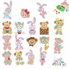 MEGZIHXN 5D DIY Diamond Art Stickers for Kids 18pcs Purple Rabbit Bear Monkey Stickers Painting Diamond Number Kit Art Craft Set for Kids Boys Girls Beginners