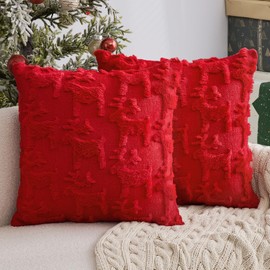 Woaboy Red Throw Pillow Covers Set of 2 Christmas Reindeer Decorative Pillow Covers 18x18 Inch Soft Plush Faux Wool Pillowcase Farmhouse Couch Pillows Home Decors for Sofa Livingroom Bed