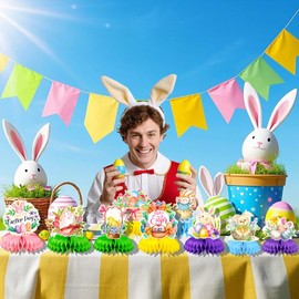 Jamonxi Easter Party Decorations Supplies for Table, Cute Bunny Rabbits Chick Eggs Colorful Honeycomb Centerpiece Table Decorations for Home Dining Room Indoor Outdoor, Easy To Use