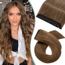 Silk-co 12in One Piece Real Remy Hair Extensions Clip in #06 Light Brown 3/4 Full Head Clip on Human Hair Extension 40g