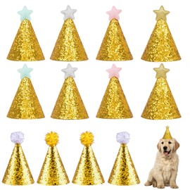 Mini Party Hats for Toy Animals, 12 PCS Gold Silver Pink Blue Star and Ball Pet Party Hats for Small Dogs Cats Teddy Bears, Pet Birthday Celebration Accessories for Special Occasions