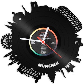 GRAVURZEILE Vinyl Record Clock – Skyline Munich 2018 – Wall Clock Made of Cast Vinyl with City Skyline 30 cm – Upcycling Design Clock Wall Decoration Vintage Clock Wall Decoration Retro Clock – Made
