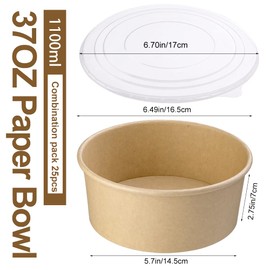 Giwrmu Paper Salad Bowls with Clear Lids, 1100 ML Disposable Food Containers, Round Shape Kraft Paper Food Cups for Salad, Ice Cream, Yogurt (37 oz 25 Pcs with Lids)