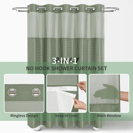 eachope No Hook Waffle Weave Shower Curtain with Snap-in Fabric Liner Set,Sage Green Shower Curtains for Bathroom with See Through Top Window,Water Repellent & Washable,71Wx74H