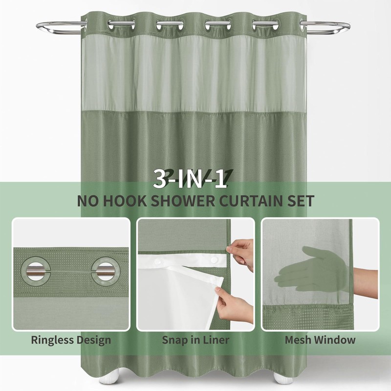 eachope No Hook Waffle Weave Shower Curtain with Snap-in Fabric
