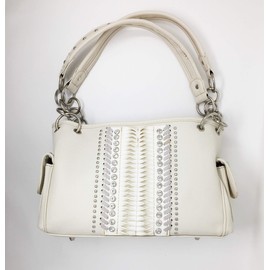 Concealed Carry Hobo Double Flat Strap Purse Stud & Rhinestone Accents & Matching Wallet (White)