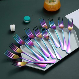 Rainbow Dinner Forks Set of 12, Berglander Stainless Steel Titanium Mutil-Color Plating Fork Set, Colorful Forks And Spoons Silverware, Table Forks Set Sturdy And Dishwasher Safe