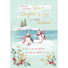 Piccadilly Greetings Christmas Card Wishing a Wonderful Son & Daughter In Law Puffins - 9 x 6 inches