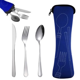 Camping Cutlery Set, Stainless Steel Camping Cutlery with Case, Portable Stainless Steel Cutlery Set with Neoprene Cutlery Bag for Travel, Picnic, Work, Hiking
