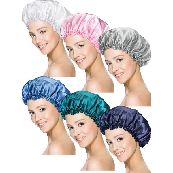 6 piezas de gorro de dormir de satén, gorro de dormir suave elástico noche cubierta de pelo para mujeres niñas (azul marino, azul, azul pavo real, plata, blanco, rosa)