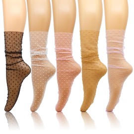 woosnscly Women Sheer Lace Socks Little Polka Dot Decorated Tulle Socks Fashion See Through Transparent Slouch Mesh Socks for Girls 5 Pairs, 4.5-7.5