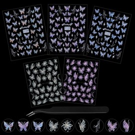 5D Embossed Butterfly Nail Stickers, 5 Sheets Line Star Nail Decals Self-Adhesive Nail Supplies Pink Blue White Butterfly Stickers for Women Girls Nail Decorations