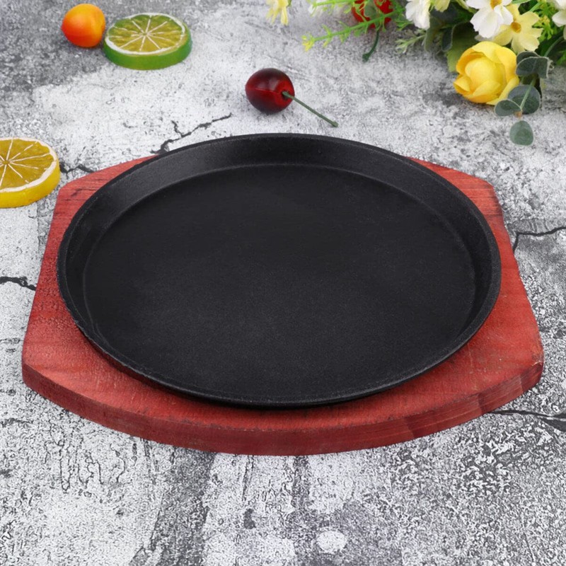 DOITOOL Nonstick Sizzling Steak Plate with Wooden Base Cast Iron