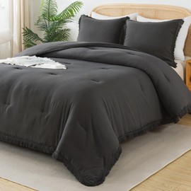 Andency Comforter King Size Bed Set Dark Grey, 3 Pieces Boho Lightweight Winter Bedding Comforters & Sets, All Season Soft Tassel Bed Set (104x90In Comforter & 2 Pillowcases)