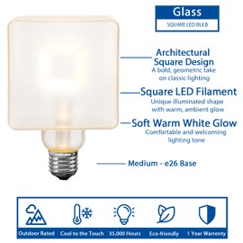 Festive Living LED Cube Light, Unique Edison Bulb with Square Filament, Large Decorative Lamp, String, or Pendant Bulb, E26 Medium Base, 5W (50 Watt Equivalent) 2700K Warm White, Frosted Coated Glass