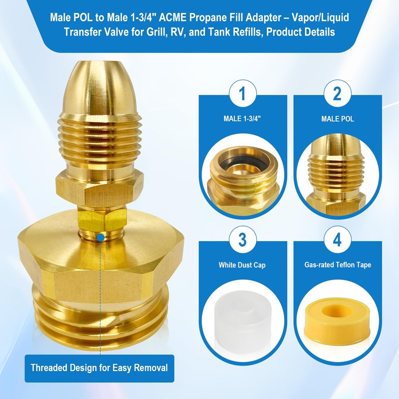 Propane Fill Adapter, Male POL to Male 1-3/4" ACME Propane