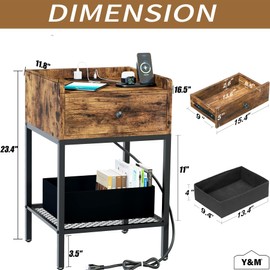 Y&M Nightstand with Charging Station and USB Ports Set of 2, Side End Table with Drawer, Modern Bedside Tables Night Stand Storage Shelf for Small Spaces, Bedroom, Living Room - Brown