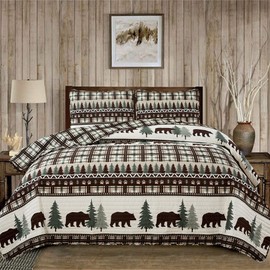 3 Piece Reversible Quilt Set with Shams | All-Season Soft & Lightweight Bedspread | Rustic Lodge Cabin Printed Plaid Design | Cedar Creek Collection (Full/Queen, Chocolate/Green)