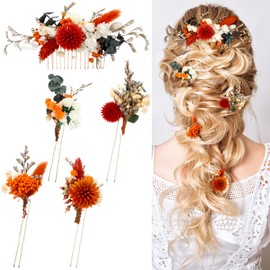 Suncalla 5 Pcs Burnt Orange Dried Flower Hair Pins for Wedding Eucalyptus Leaves Boho Wedding Bride Comb with Baby Breath Fall Hairpin for Women Girls Bride Bridesmaid Bachelorette Party Bridal Shower