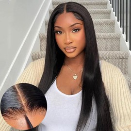 Joedir 13 x 4 Straight Lace Frontal Wigs Black Glueless Lace Wigs for Women Synthetic Light Yaki Straight Wig Pre Plucked with Baby Hair Free Parting Lace Wigs for Women