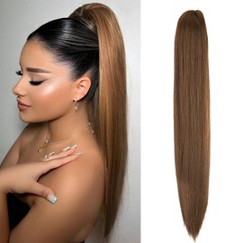 Cybelleza 20inch Ponytail Hair Extensions Straight Ponytail Claw Jaw on Long Straight Pony Tails Clip in Hair Extensions Synthetic Hair pieces for Women, Dark Brown & Light Auburn