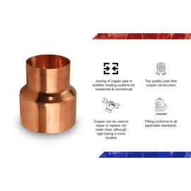 SUPPLYGIANT 3/4 Inch x 3/8 Inch Copper Coupling Reducer, 3/4" x 3/8" Copper Pipe Pressure Fittings with Sweat Sockets and Rolled Tube Stop, Plumbing Connector