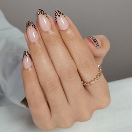 Press On Nails Short - Findigit French Tip Almond Press On Nails with Glue for Women, Soft Gel Glue On Nails in 16 Sizes - 32 Stick On Fake Nails Kit, Cheetah Lady