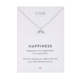 LUUK LIFESTYLE Necklace with mermaid I fish tail pendant and HAPPINESS slogan, trendy accessory for vacation, bohemian style, silver