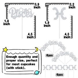 12Pcs Pisces Cupcake Topper, Big Pisces Energy/Pisces Season, 12 Constellation March/April Birthday Cupcake Decoration, Horoscope Astrology Birthday Party Supplies, Silver Glitter