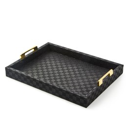 MACKENZIE-CHILDS Black Faux-Leather Tray with Handles, Rectangular Tray for Serving, Small