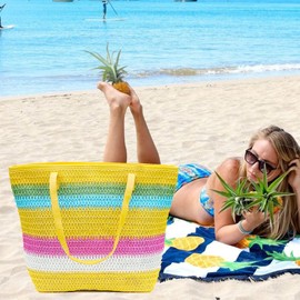 CIOOU Large Straw Tote Bag for Women Rattan Woven Beach Bag Summer Colored Stripe Shoulder Bags Handbag, Colorful Stripe Straw Bag Yellow, Large