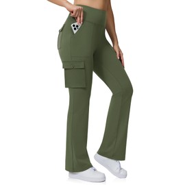 Yoga Flare Leggings for Women High Waisted Yoga Casual Pants Workout Leggings Cargo with 6 Pockets Bootcut Pants,Army Green M