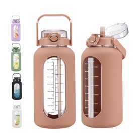 chunmo 74 oz Glass Water Bolttles with Straw Large Motivational Water Bottle with Time Marker Sports Water Bottles with Silicone Sleeve and Handle Lid 2.2L Water Jug for Gym Workout