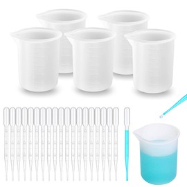 Woohome 5 Stück Silikon Messbechern für Harz, 100 ml Silikon Messbecher Set Silikon Becherz mit Plastiktropfen für Epoxidharzmischung, Schmuckherstellung