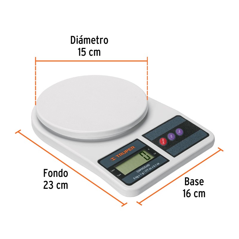 Truper BASE-5EP, Báscula digital base plástica para cocina, capacidad 5kg